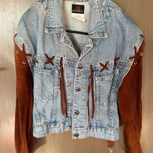 Blue Vintage Denim Jacket with Brown Suede Accents